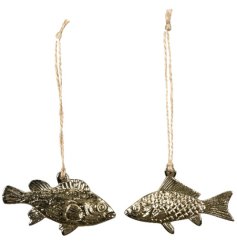 An assortment of 2 beautifully detailed gold fish, each with a long jute string hanger. 