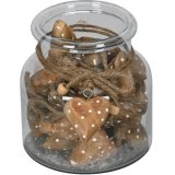 A set of 24 mango wood hearts, each with a jute string hanger and wooden bead.