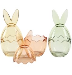 An assortment of 3 bunny ear egg shaped pots in pretty pastel colours.
