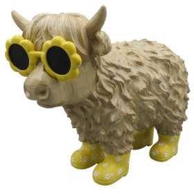 A playful highland cow wearing pastel blue wellies and cool matching sunglasses.