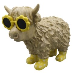 Playful highland cow wearing pastel blue wellies and cool matching sunglasses.