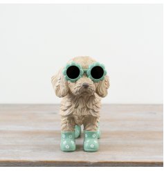 Adorable Cockapoo statue wearing playful flower-shaped spectacles.