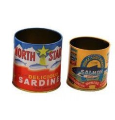 Two rustic storage tins with vintage fish illustrations and vibrant backgrounds for a charming look.