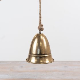 A timeless metal bell decoration with a vintage aesthetic. Complete with a chunky rope hanger.