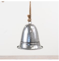 A classic metal hanging bell finished in silver with a sturdy jute hanger