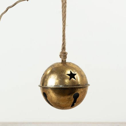Hanging bell in antique gold with charming star cut-out details for a warm, decorative touch.