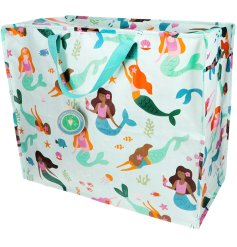 A jumbo storage bag made from recycled plastic in a ocean style mermaid design.