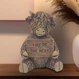 Meet Hughie the Highland Cow! This charming brown polyresin ornament, holding a "You Are The Best" sign,