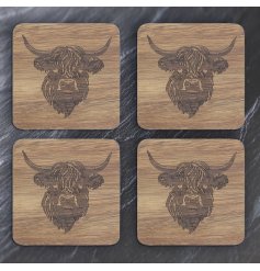 Bring rustic flair to your table with these natural wood Highland Cow coasters.