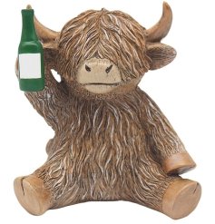Add rustic charm to your home with this detailed Highland Cow figurine, playfully holding a beer bottle