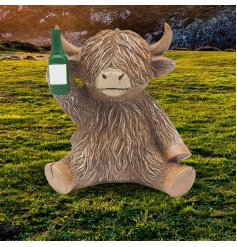 Add rustic charm to your home with this detailed Highland Cow figurine, playfully holding a beer bottle