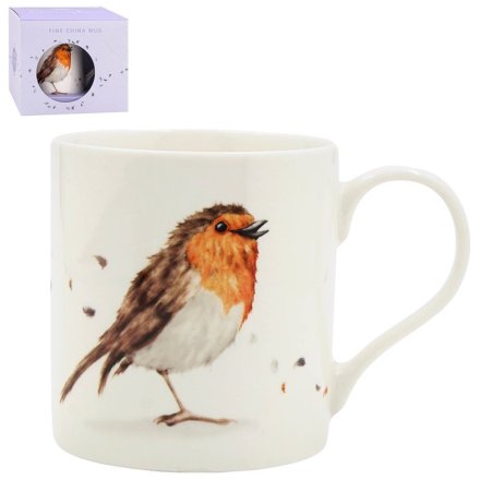Charming mug with an adorable robin design, perfect for your coffee or tea moments.