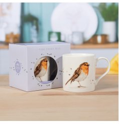 Delightful coffee or tea mug featuring a cute robin design.