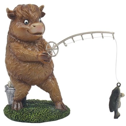 Add rustic charm to your home or garden with this whimsical Highland Cow Fishing Ornament