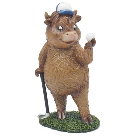 a fun highland cow figurine playing golf