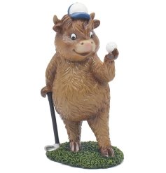 a fun highland cow figurine playing golf