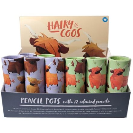 Highland Coo Pencil Pot with 12 Colouring Pencils