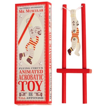 A playful wooden toy that challenges acrobatic skills and fun.