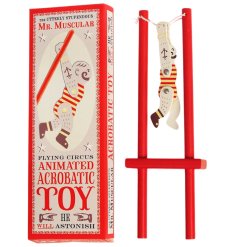 A playful wooden toy that challenges acrobatic skills and fun.