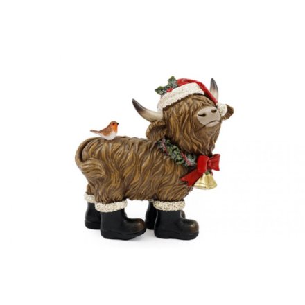 Highland Cow with Bell and Bird, 14.5cm 