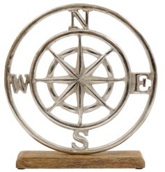 Elegant compass ornament combining natural wood and metal