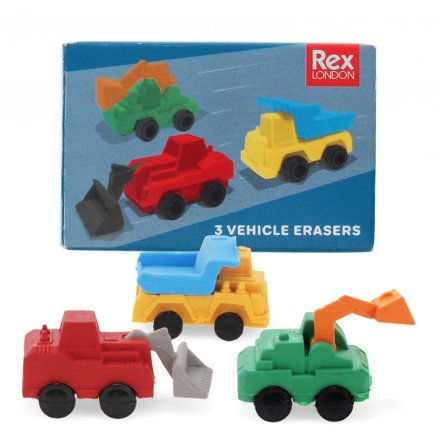 Keep mistakes at bay with this fun set of three colorful construction vehicle erasers