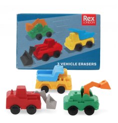 Keep mistakes at bay with this fun set of three colorful construction vehicle erasers