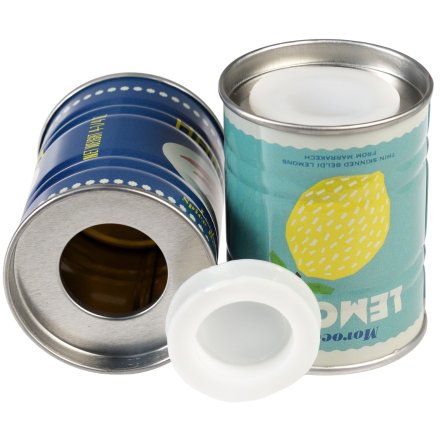 Add a zesty twist to your table with these vibrant lemon and spicy harissa tin salt and pepper shakers