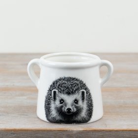 Charming white pot featuring an adorable hedgehog design on the front.