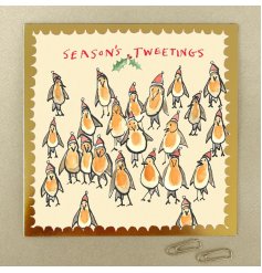 Send joyful cheer with the 'Little Robins Tweeting' Pizazz Greetings Card
