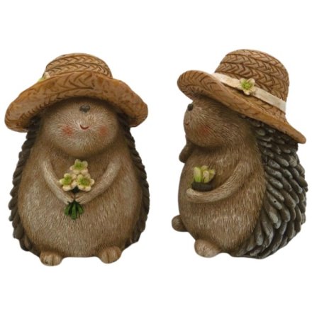 Adorable brown hedgehog figurine wearing a charming hat decorated with flowers.