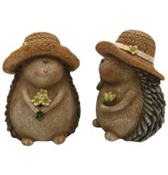Adorable brown hedgehog figurine wearing a charming hat decorated with flowers.