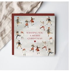 Wishing you a Merry Christmas with this beautifully illustrated ice-skating themed card.