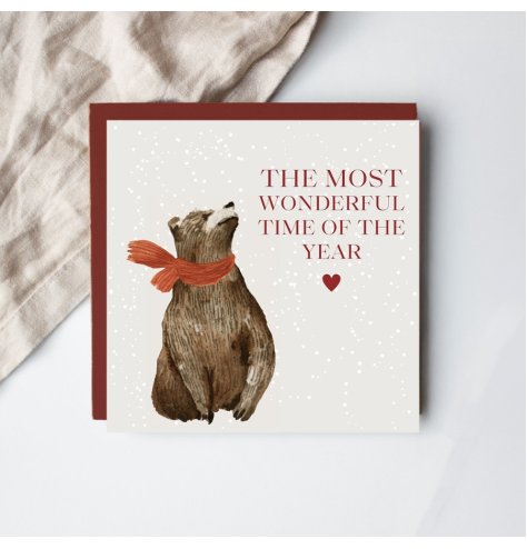 The most wonderful time of the year. A stunning Christmas greetings card featuring a wonderful bear design and slogan.