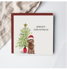 Say Merry Christmas with this charming dog themed Christmas card featuring an adorable cockapoo with hat.