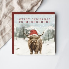 Merry Christmas to MOOOOO. A beautifully designed Christmas card featuring our popular Highland Cow snow scene design. 