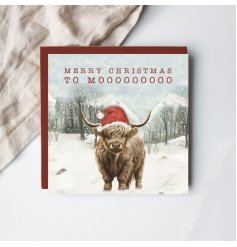 Send Christmas wishes to friends and loved ones with this beautifully designed Highland Cow greetings card.