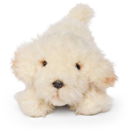 a fluffy white dog plush toy 