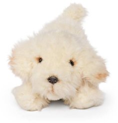 a fluffy white dog plush toy 