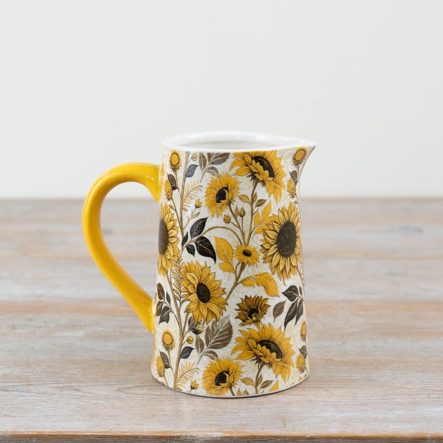 Oversized sunflower-themed jug vase for a bright, rustic touch.