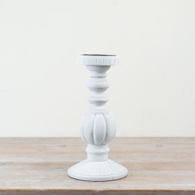Stylish candle holder featuring durable wood and iron with a lovely whitewashed look.