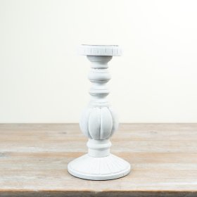 Stylish candle holder featuring durable wood and iron with a lovely whitewashed look.