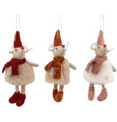 A mix of 3 hanging mice, each wearing cosy faux fur coats paired with a scarf and hat.