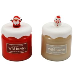 A cute assortment of 2 festive candles each featuring a santa and snowman topper.