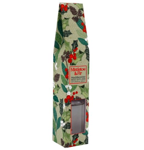 Stylish reed diffuser featuring a warm, festive scent of Mistletoe & Fir for a cozy ambiance.