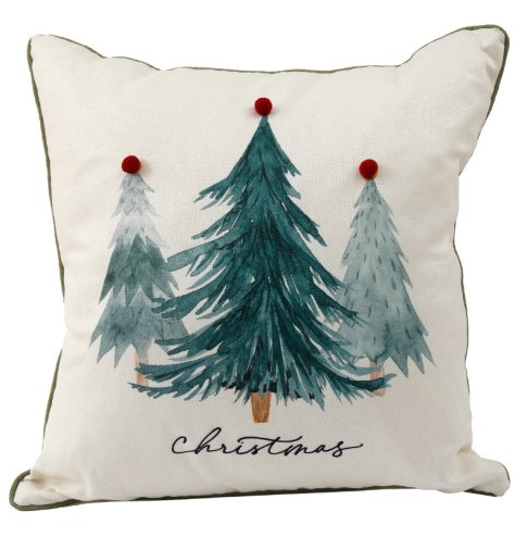 Welcome the holidays with this soft festive cushion featuring charming Christmas trees and a playful pom pom.