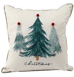 Celebrate Christmas with this soft, cosy cushion featuring festive trees and a charming pom pom topper.