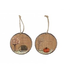 Bring warm autumn vibes to your space with this rustic round bark hanging ornament.