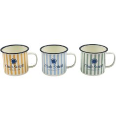 Vibrant striped tin cup with a colorful design.