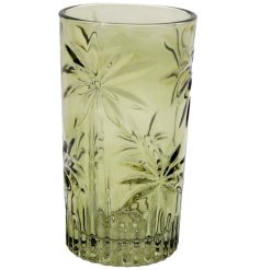 Enhance your table setting with this elegant Palm Embossed Glass Tumbler.